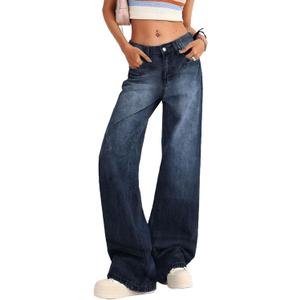 Women's Low Rise Baggy Jeans Y2K Wide Leg Denim Pants Casual Loose Straight Leg Boyfriend Jeans with Pockets (Blue - Black) Small
