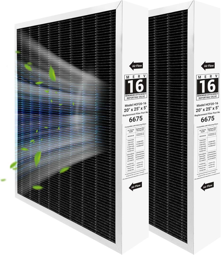2 PACK 20x25x5 Air Filter, X6675 MERV 16 Carbon-Infused Air Filter Compatible with Lennox X6675 and Lenxox HCC20-28 Furnace HVAC System, Replaces Part # HCF20-16, HCF20-10