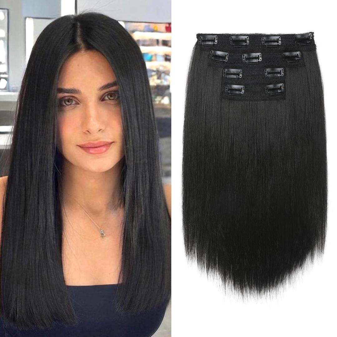 Hair Extensions, 14" Short Clip in Hair Extensions 4PCS Straight Natural Soft Synthetic Hairpiece for Women - Black