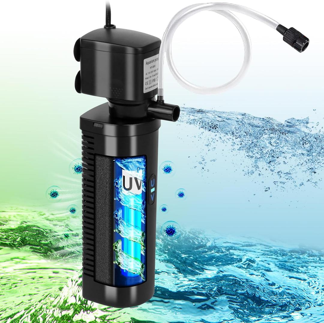 TARARIUM Aquarium Filter U-V for 20-75 Gallon, 200GPH Fish Tank Filter w/ 5W U-V Light Green Clean Machine Submersible Powerful Pump Internal Filter for Turtle Tank Saltwater Freshwater Crystal Clear (Black)