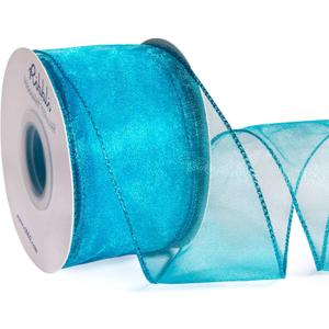 Ribbli Turquoise Blue Organza Wired Ribbon, Sheer with Metallic Edge, 2-1/2 Inch x 20 Yards Christmas Tree Ribbon for Decoration Large Gift Wrapping,Wedding Decoration