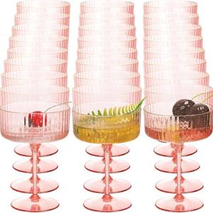 Jingmore 24 Pcs Ribbed Martini Glasses 10 oz Disposable Plastic Vintage Ribbed Coupe Glasses with Gold Rim Glitter Cocktail Unbreakable Dessert Parfait Glassware for Wedding Party Supplies (Pink)