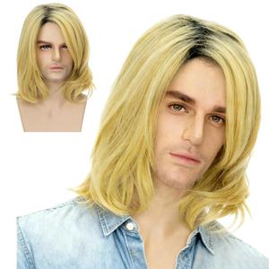 Short Mens 70s Blonde Yellow Hair Pelucas with Dark Root Synthetic Halloween Costume Realistic Wig