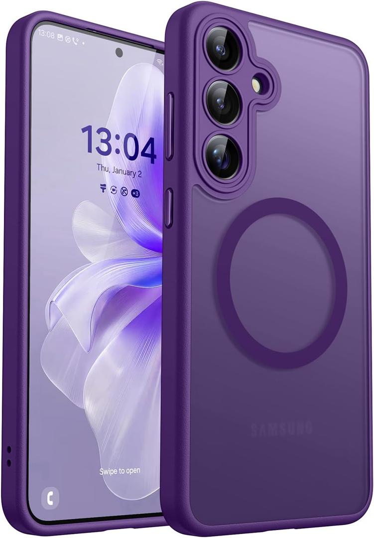 CANSHN Designed for Samsung Galaxy S24 Case [Full Camera Protection] [Compatible with MagSafe] Translucent Matte Shockproof Protective Phone Cover 6.2 Inch - Deep Purple