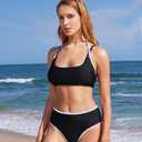 MOOSLOVER Women Sporty Two Piece Swimsuits High Waisted Bikini Sets Color Block Bathing Suit(S, Black) (Black, M)