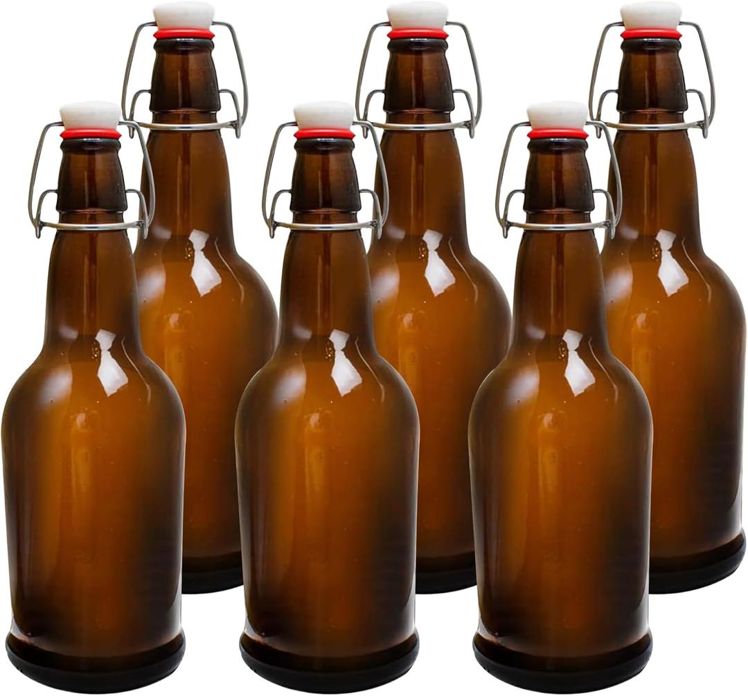 Flip Top Glass Bottles 6 Pack,16 Oz Amber Swing Top Beer Bottles with Airtight Lids, Home Brewing Beer, Wine, Reusable Leak-Proof Brewing Bottle