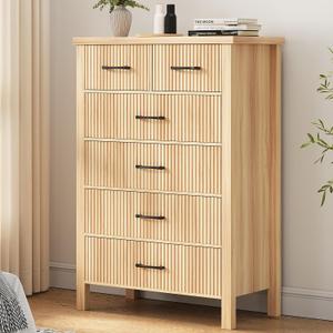 Jocoevol Fluted 6 Drawers Dresser for Bedroom, Tall Boho Chest of Drawers with Metal Handle, Wooden Closet Clothes Storage Organizer for Living Room, Hallway (Natural Oak)