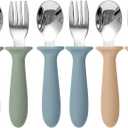 Toddler Utensils, 6 Pack kids Silverware Set with Silicone Handle, 18/8 Stainless Steel Children Safe Forks and Spoons, Dishwasher Safe (Blue)