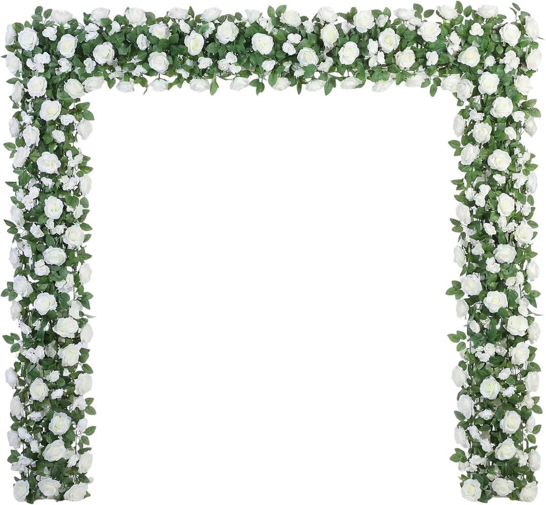 Suncalla 8 Pack 6.56ft Artificial Rose Flower Garland Silk Flocked White Rose Garland Faux Eucalyptus Peony Flower Vine for Wedding Party Table Centerpiece Arch Background Decoration(Eucalyptus)