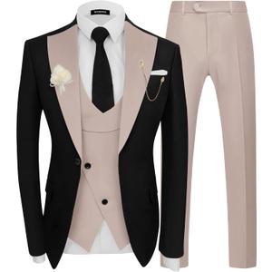 Wangyue 3 Piece Mens Tuxedo Suit Slim Fit Tuxedo for Men Double Breasted Wedding Prom Suits Blazer Vest Pants Sets 2026 (Small, Beige)
