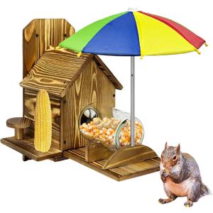Large Wooden Squirrel Feeder with Umbrella - Tree Nut Bar, Peanut and Corn Chipmunk House Kit - Natural Wooden Garden Decorations and Squirrel Gifts (Carbonized Wood)