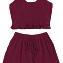 Avanova Women Sexy 2 Piece Pajama Set Ruffle Trim Cami Top and Shorts Sleepwear Set (Red, XS)