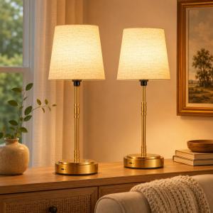 Cordless Table Lamps Set of 2 – Battery Operated Lamp with 7500mAh Rechargeable Battery, Stepless Dimmable Brushed Gold Lamps with Beige Shade, Wireless Lamps for Dining Room(Bulbs Included)
