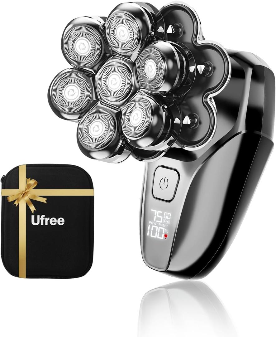 Ufree 7D Rotating Head Shaver for Bald Men, Magnetic Detachable Blades, IPX7 Waterproof Electric Razor, Head Face Beard Trimmer Grooming Kit with USB Fast Charge, Smart LED Display, Mens Gifts