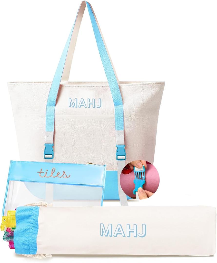 Empty Mahjong Tile Bags Set for American Tiles and Racks,Canvas Tote Bag with Mat Holder Accessories Organizer,Portable Mahjong Case Drawstring Protective Sleeve for Rack Pushers,Blue, 12 inches x 24 inches