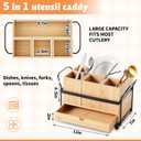Qunclay Wooden Silverware Caddy with Drawer, Paper Plate Organizer Holder Dispenser for Party, Utensil Cutlery and Flatware Holder with 4 Compartments for Forks, Spoons, Napkins, Kitchen Countertop