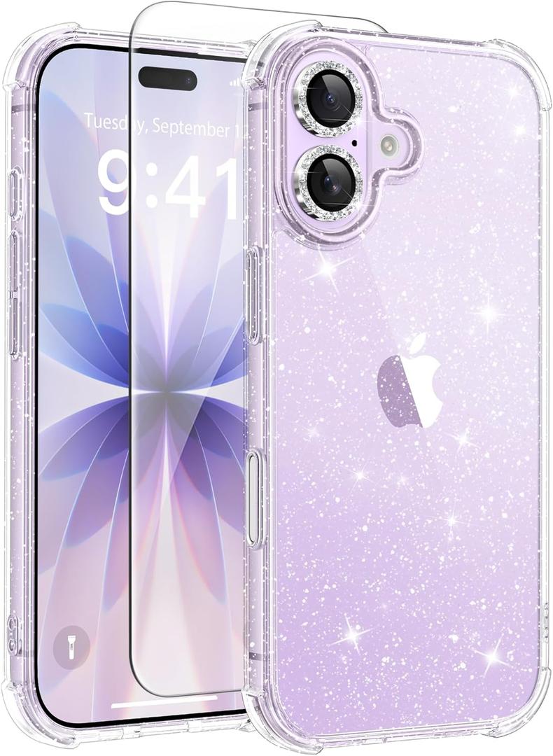 BERFY for iPhone 17 Case for Women, Clear Glitter Shockproof Protective Case, Anti-Yellowing, with Screen Protector & Camera Lens Protector 6.3", Diamond Sparkle Clear