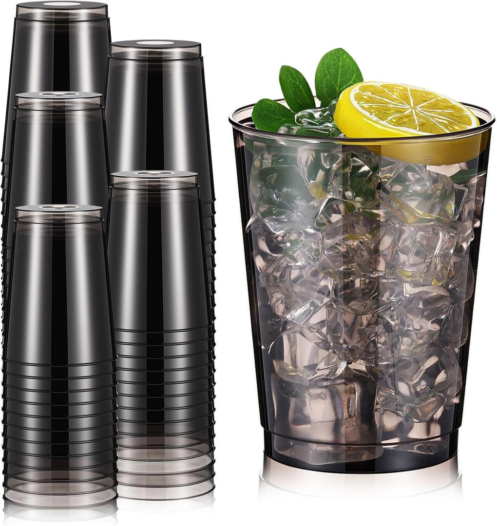 Minatee 100 Count Plastic Cups Disposable Fancy Cups Heavy Duty Wine Cocktail Glasses for Mother's Day, Wedding, Graduation, and Birthday Party Plastic Drinking Tumblers(Black,10 oz)