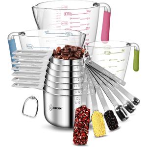 Measuring Cups and Spoons Set of 19 - Stackable Stainless Steel Measuring Cups Spoons & Plastic Measuring Cup for Dry and Liquid Ingredients, Cooking & Baking Kitchen Gadgets