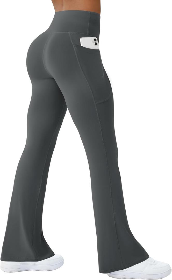 COPYLEAF Womens Yoga Pants with Pockets High Waisted Flare Leggings Bell Bottom Yoga Dress Pants Seamless Bootcut Pants (Medium, Dark Grey)