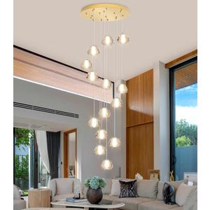 Modern Crystal Chandelier for Hallway Gold LED Ceiling Lighting for Staircase Light Fixture for Living Room Foyer Entryway, 14-Lights Round