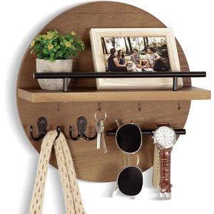 dreampossible Key Holder for Wall Decorative with Shelf and Hooks, Mail Organizer Wall Mount with Sunglasses Holder, Circular Design Entryway Key Rack Hanger, Rustic Home Decor (Brown,Black)
