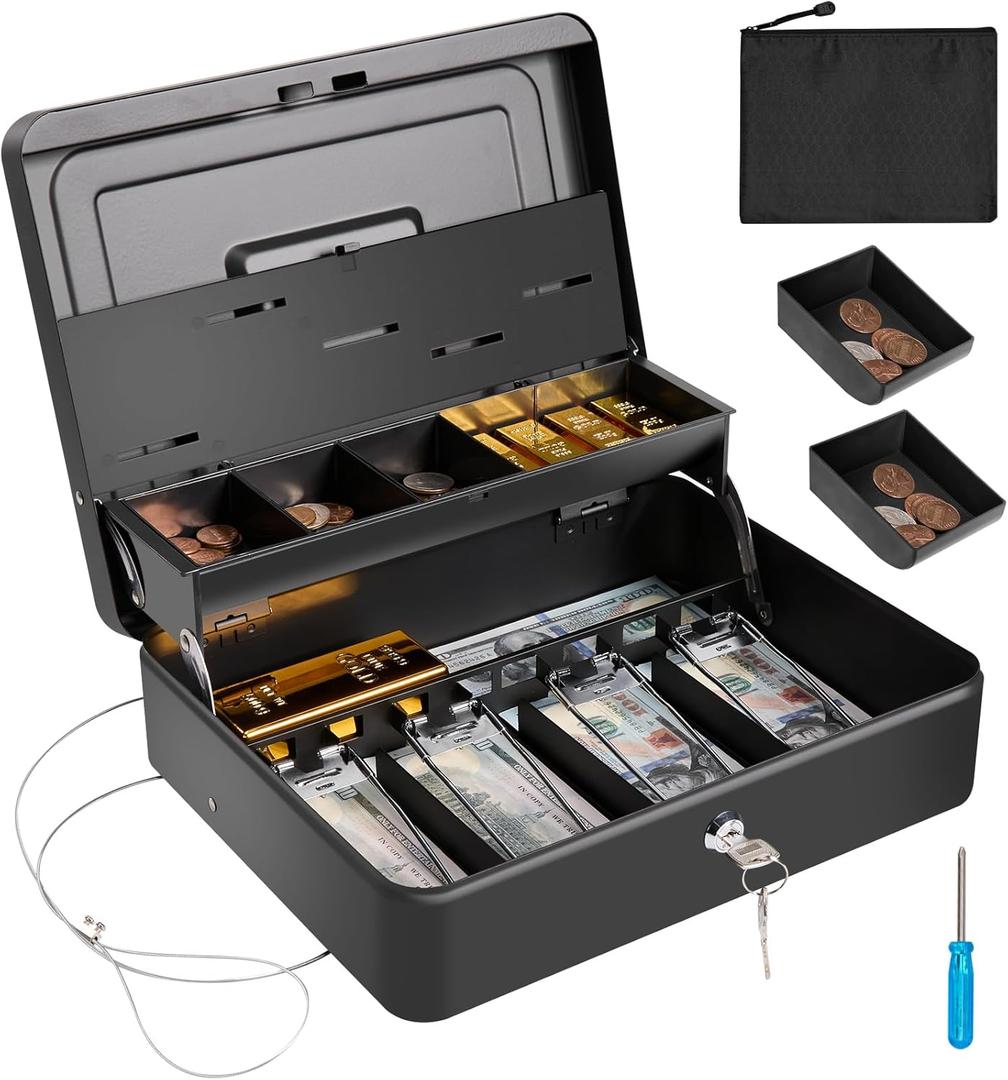 Large Cash Box with Security Cable & Coin Tray, Metal Money Box with Tray & Key Lock,Tiered Locking Cash Boxes,Portable Lock Safe Box, Adjustable Coin Box,Deluxe Metal Money Box,Black