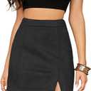 Women's High Waist Faux Suede Side Split Bodycon Short Mini Skirt (Medium, Black)