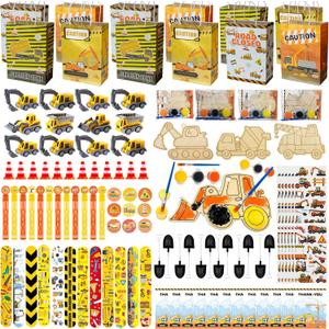 132pcs Construction Party Favors, Birthday Party Decorations Supplies Including Mini Vehicles Slap Bracelets Bubble Wands DIY Painting Kits, Construction Party Classroom Rewards for Kids
