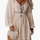 Women Dress 2025 Trendy Vintage Apricot V-Neck Hollow Crochet Long Sleeve Elastic Waist Loose Hem Bohemian Mini Dress Size M