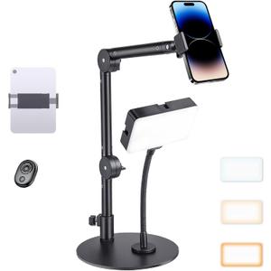 Yoobao Overhead Phone Mount for Desk, Selfie Light with Desk Mount, Rechargeable Selfie Light with Phone Holder for Video Recording, Meeting, Live Streaming TikTok YouTube