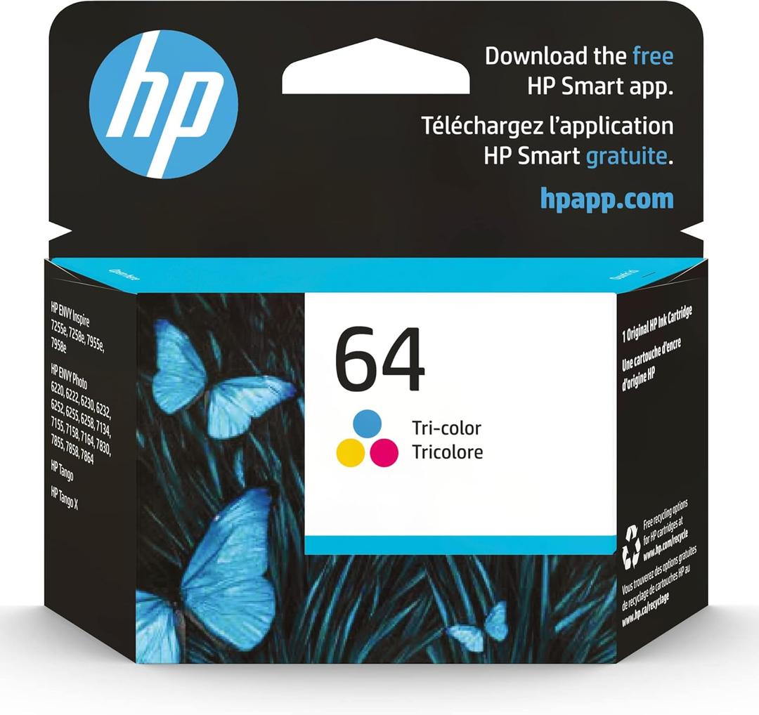 HP 64 Tri-color Ink Cartridge for HP Printers | Works with Printer Series: ENVY Inspire 7950e; ENVY Photo 6200, 7100, 7800; Tango | Eligible for Instant Ink | N9J89AN