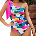 One Shoulder One Piece Swimsuits - Women Tummy Control Bathing Suit with Tie Knot Swimwear Full Coverage (Small, Color Block)