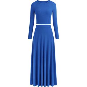 PRETTYGARDEN Women's Spring 2 Piece Outfits Dressy Casual Ribbed Knit Long Sleeve Crop Tops Maxi Flowy Skirts Matching Sets (Medium, Blue)