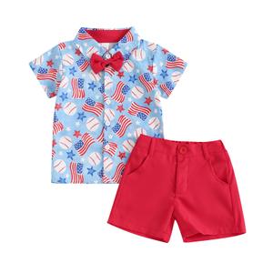 FEIBEL 4th of July Outfit Baby Boy Clothes Set Short-Sleeve Button Shirt and Shorts 2 Piece Stars Stripes Print Holiday Outfit (Checkers, 3-4 Years)