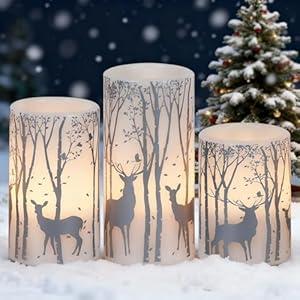 Lasumora Birch Silver Reindeer Christmas Candles with 6H Timer, Real Wax LED Candle Flameless Flickering, Battery Operated Candles Pillar for Home Décor Christmas Decorations Gifts, 3x4/ 5/ 6 inches