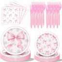 Havawish 96 Pcs Pink Bow Snowflake Paper Plates Winter Wonderland Plates and Napkins It's Cold Outside Winter Coquette Table Decoration Birthday Party Set for 24 Guests Pink Party Supply