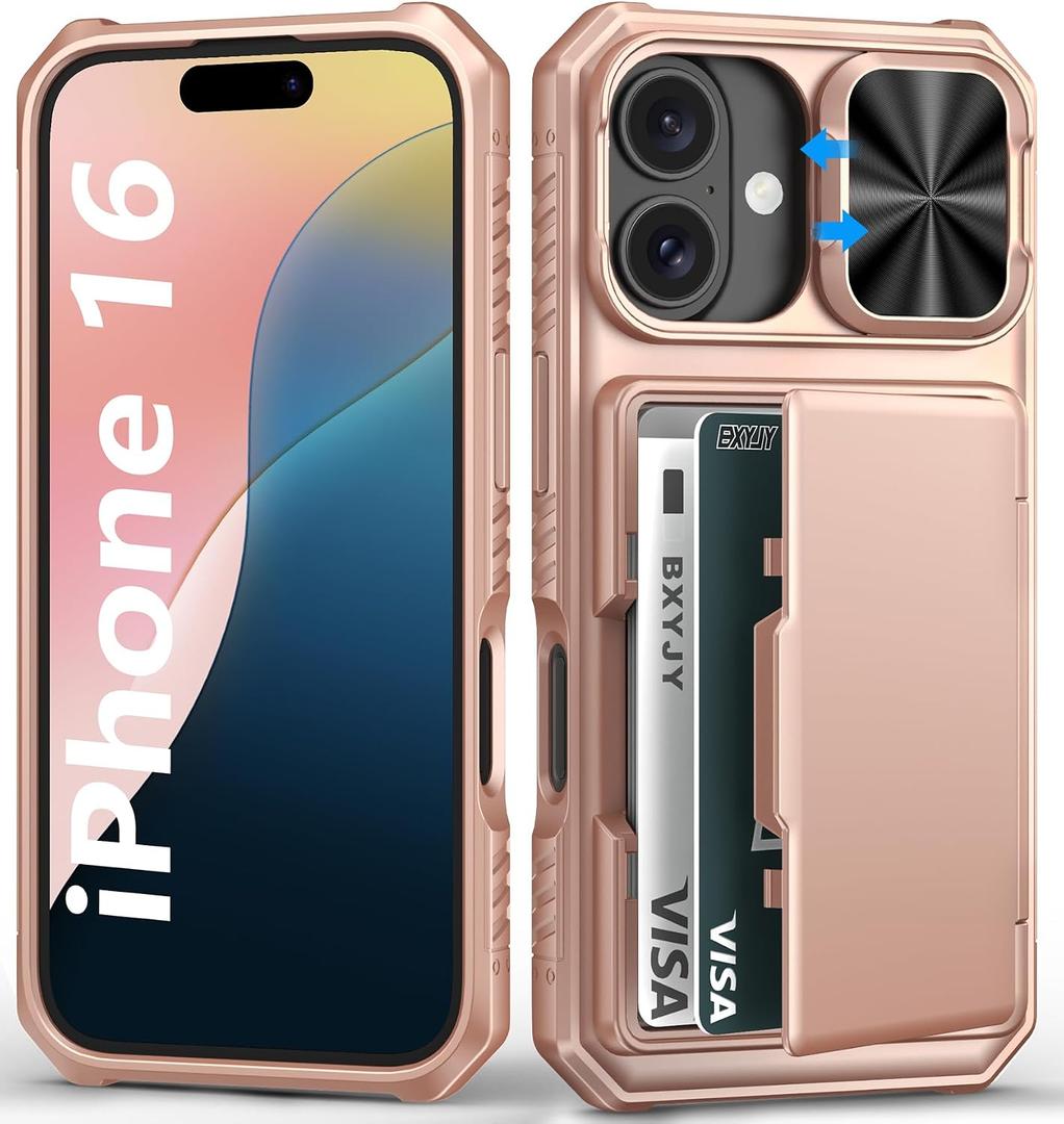 BXYJY for iPhone 16 Phone Case Wallet, Built-in Card Holder (4-5 Cards), Slide Camera Cover, RFID Block, Military Grade Drop Protection, Rugged Women Girly Men Protective Case for iPhone16, Rose Gold