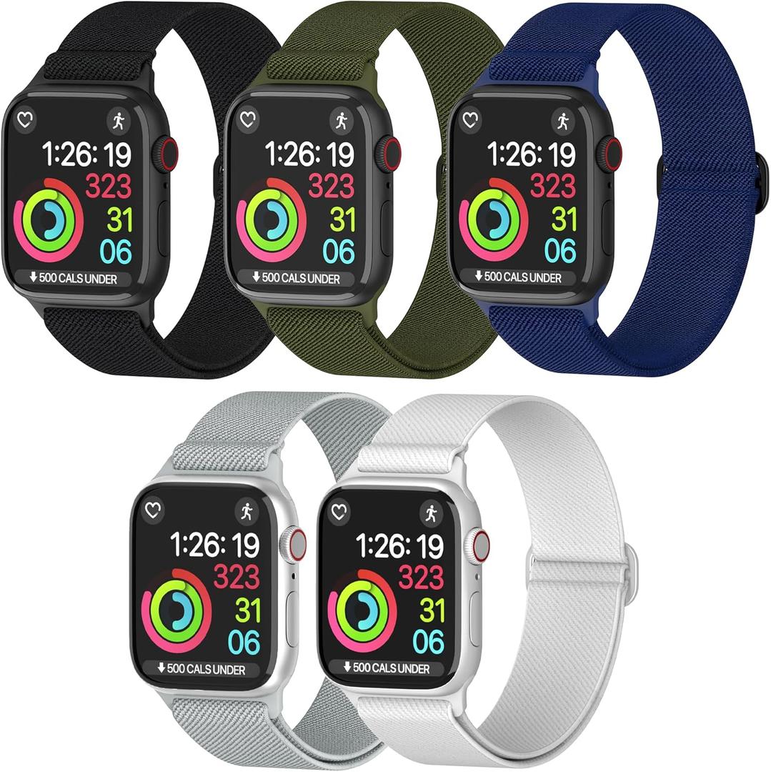 Nylon Apple Watch Bands Unisex - iWatch 1/2/3/4/5/6/7/8/9/SE/Ultra 2 Bands for 38mm/40mm/41mm/42mm/44mm/45mm/49mm - Variety Multipack 1-8 (Pack O: Black, White, Navy Blue, Army Green, Gray)