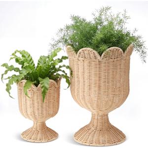 2 Pcs Rattan Scallop Vase Indoor Outdoor Planter Basket Woven Decorative Storage Basket and Planter for Porch Patio Backyard Home Garden 13 x 13 x 15.8 Inches, 7.1 x 7.1 x 8.7 Inches