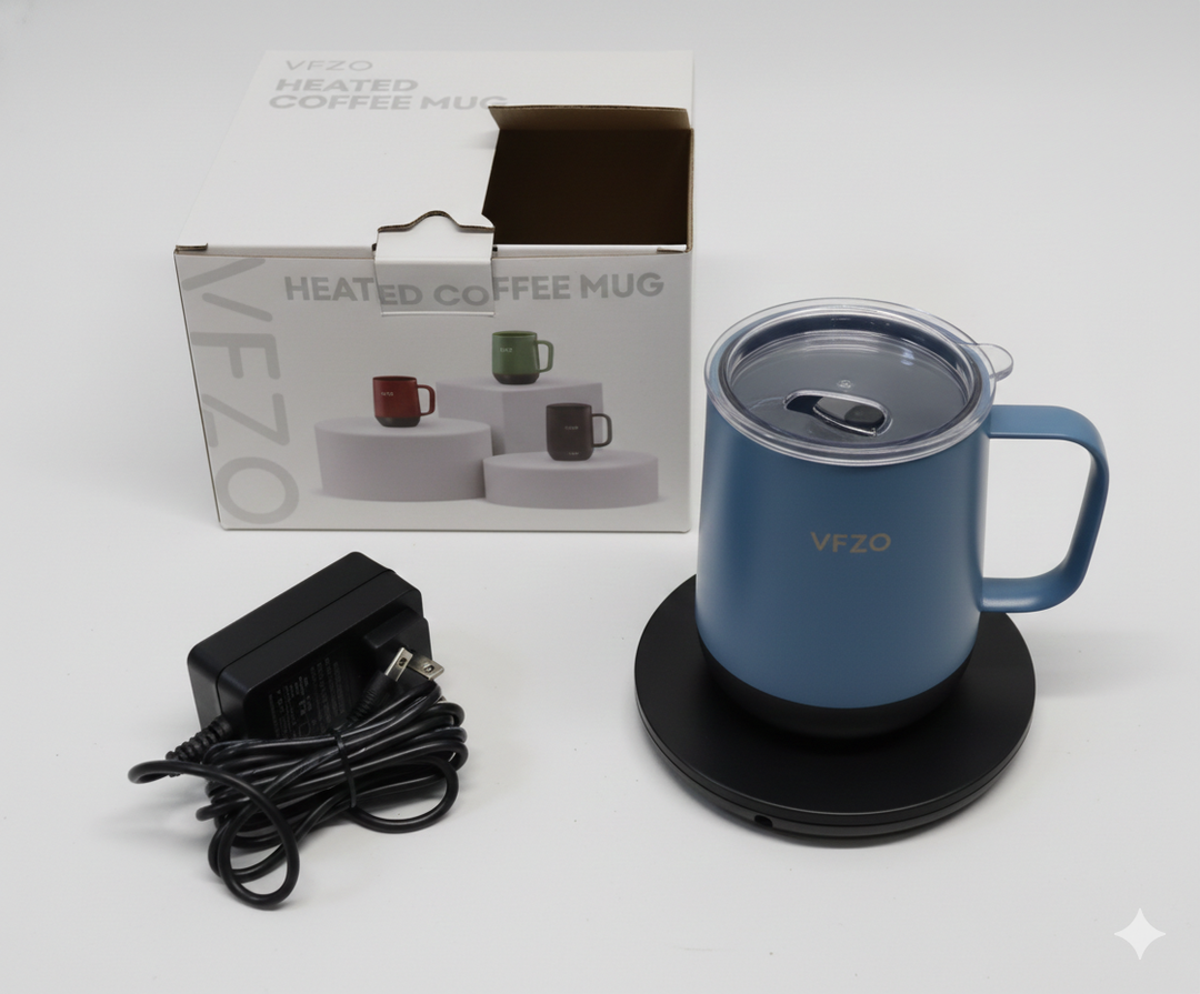 VFZO Temperature Control Smart Mug, Self Heating Coffee Mug LED Display, 180 Min Battery Life - Hot up to 149℉ Fast Wireless Charger Base Improved Design (12oz, Blue)