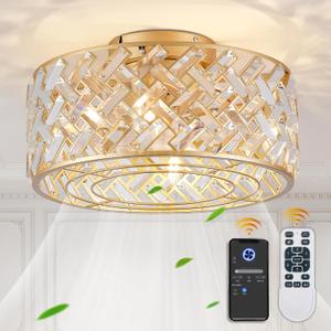 18 Inch Caged Ceiling Fan with Light, Low Profile Crystal Fandelier Ceiling Fan with Lights and Remote & App Control for Low Ceilings Flush Mount Installation Indoor, Bulb Included Gold