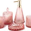 EMPO 5Pcs Diamond Glass Bathroom Accessories Complete Set, Triangle Vintage Lotion Dispenser, Soap Dish, Toothbrush Holder, Tumbler, Cotton Swab Jars, Modern Decor, Housewarming Gift Set (Fresh Pink)