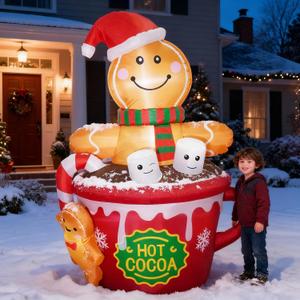 ZPISF 6 FT Christmas Inflatables Outdoor Decorations, Cute Christmas Blow Up Yard Decorations Gingerbread Man in Hot Cocoa Mug Scene for Garden Lawn Xmas Decor, 6 FT Gingerbread Man