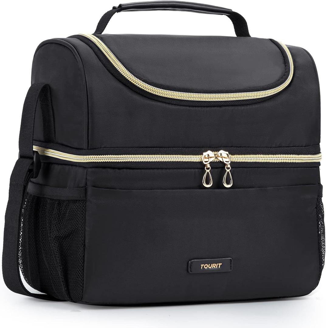 TOURIT Insulated Lunch Bag with Dual Compartment, Leakproof Cooler Tote for Work Office Picnic, Thermal Food Container Black