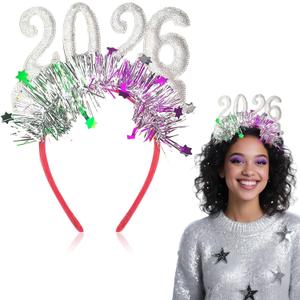 2 x Pvoiue 2026 Happy New Years Eve Party Headband - Christmas Headband - Festive Party Dress-Up Hairband, Star and Tinsel Embellishments - New Year's Eve Celebration Accessory 1Pcs Silver