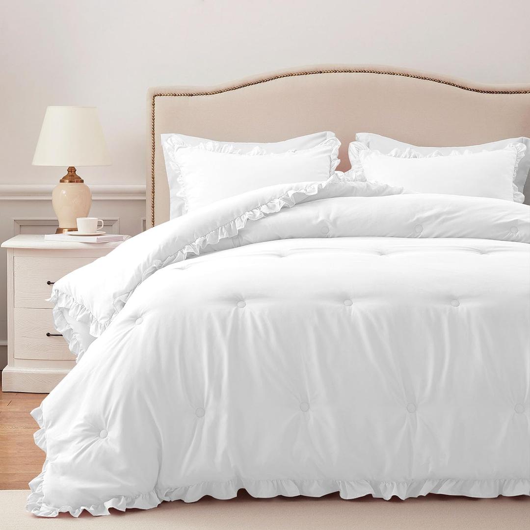 HARBOREST Full Comforter - White Ruffle Comforter for Full Size Bed, Fluffy Comforter Set for All Seasons, 3 Pieces Shabby Chic Bedding Set(1 Comforter & 2 Pillow Shams)