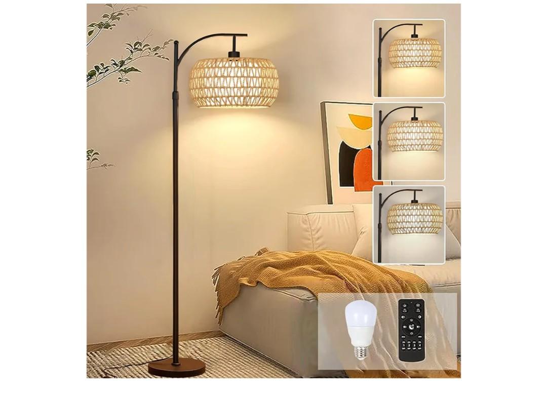 Arc Floor Lamps for Living Room Rattan Boho Floor Lamp with Remote Control,Dimmable LED Floor Lamp Wicker Lamp Shades Black Standing Lamp with 3 Color Temperature Tall Floor Lamps For Bedroom Corner
