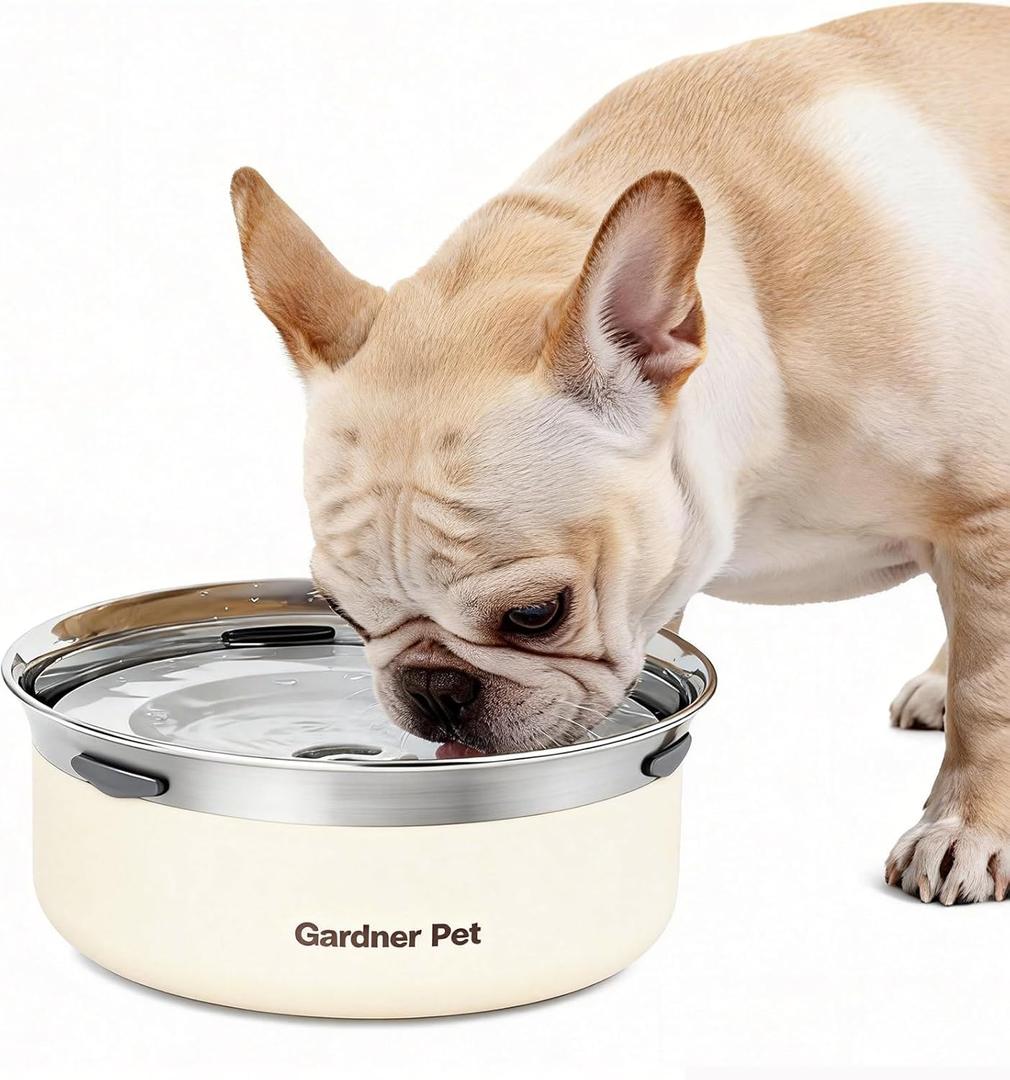 Gardner Pet Slow Water Bowl for Dogs, 2L/68oz Spill-Proof Pet Water Bowl with Floating Disk, Stainless Steel No-Spill Water Dispenser for Medium Pets (White)