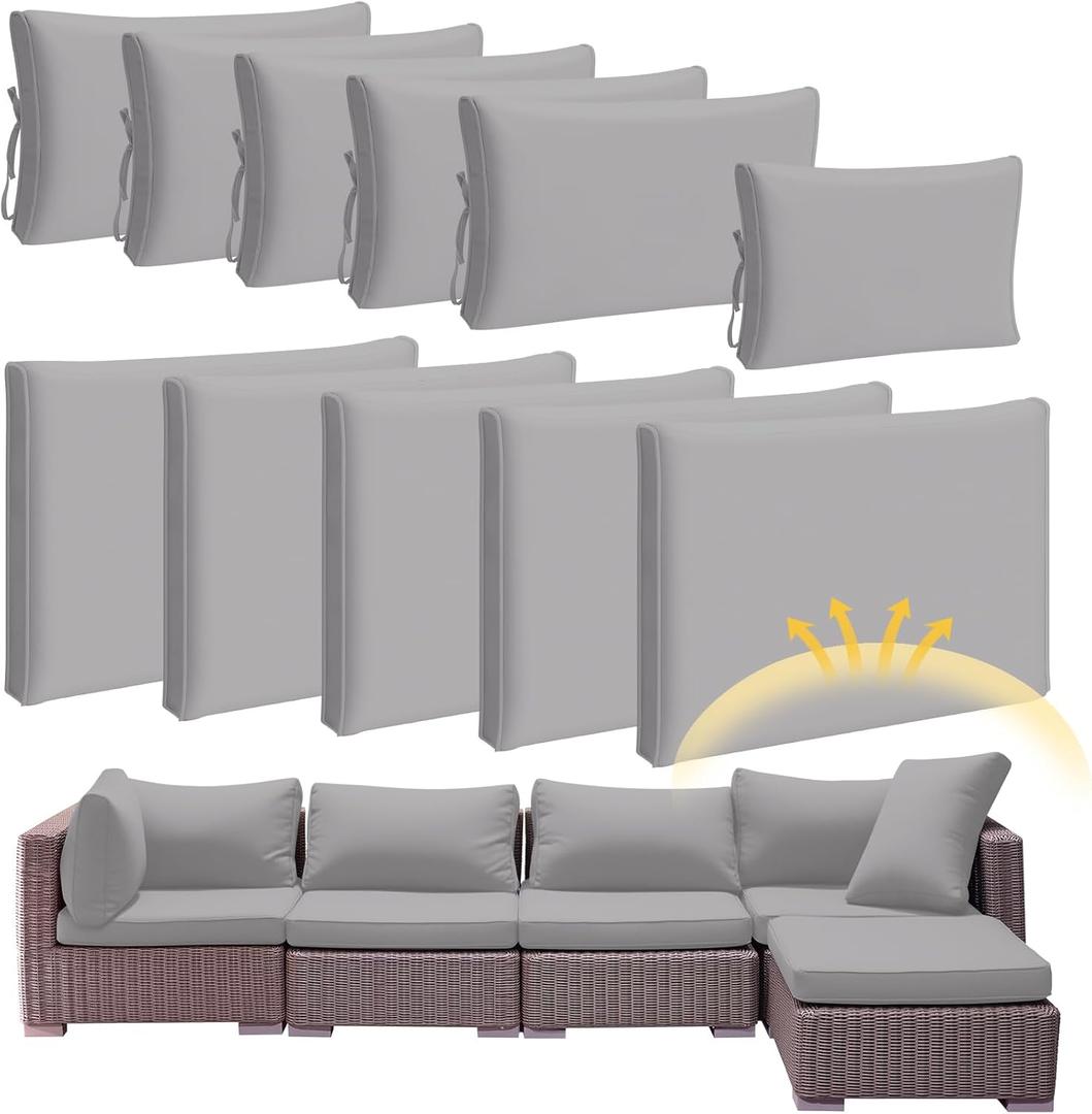 Patelai 11 Pcs Waterproof Patio Cushion Covers for Outdoor Sectional Furniture Wicker Rattan Patio Sofa Couch Chair Seat Pillow Slipcovers, 3 Sizes Covers Only (25.4 x 25.4X 3.54,Light Gray)